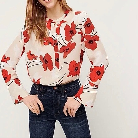 J. CREW Silk Ivory & Red Poppy Floral Blouse Career Casual Top - Picture 2 of 12